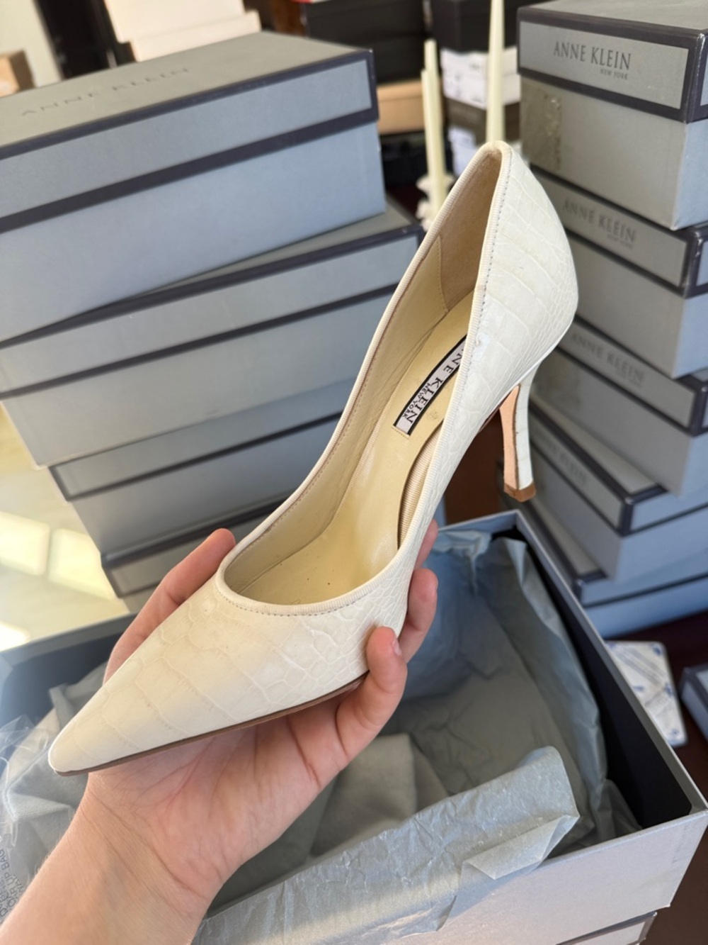Anne Klein Cream Croc-Embossed Pointed-Toe Pump - Picture 2 of 3